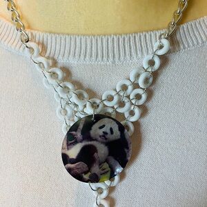 Colorful Handmade Printed Shell Panda Pendant Bib Necklace